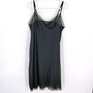 Vintage 80s Satin Slip Nightgown Black Triangle Bust Semi Sheer Lace Detail L